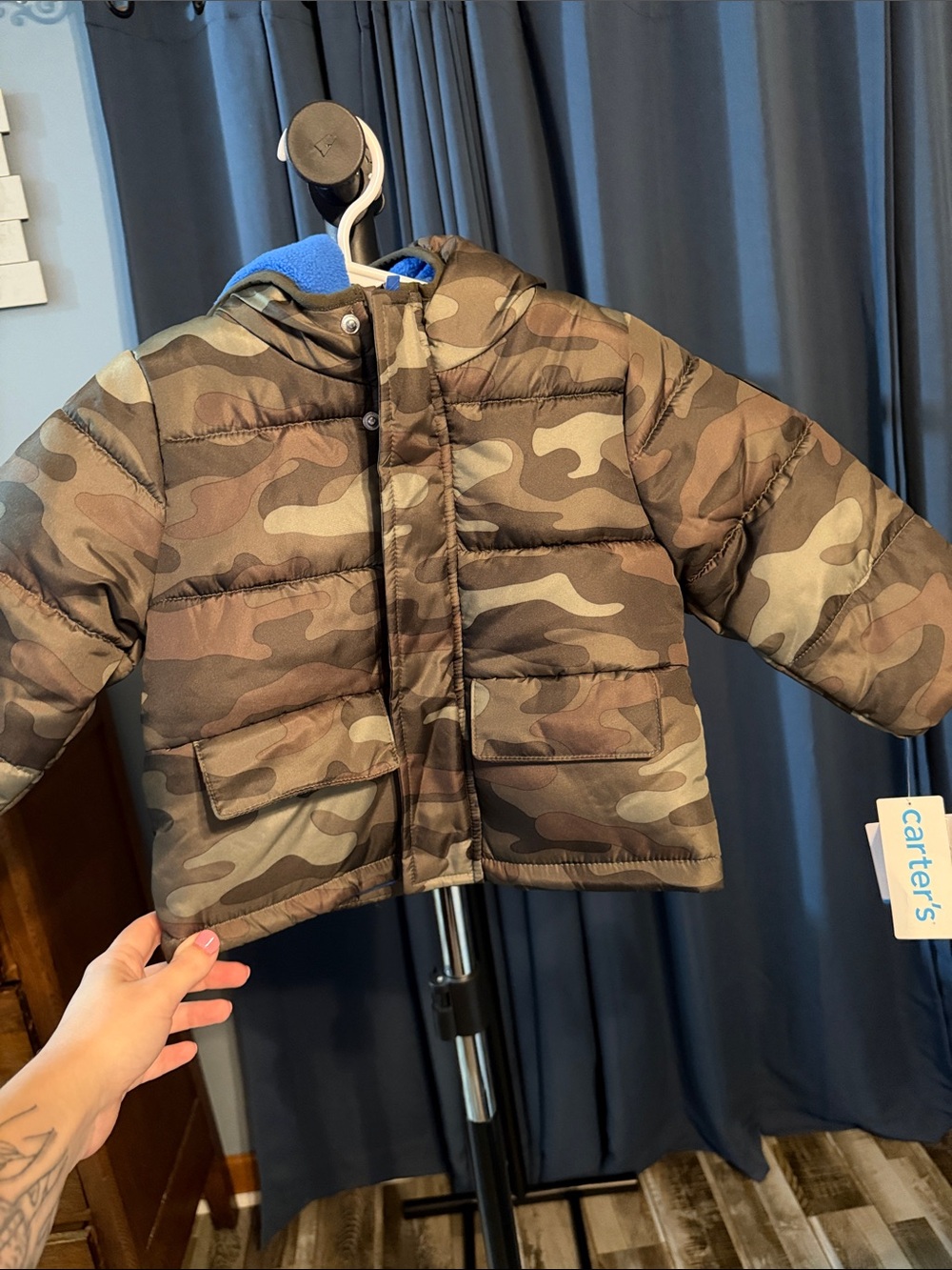 Carter's Boys' Camo Hooded Puffer Jacket - Brown & Green Camo with Blue Lining